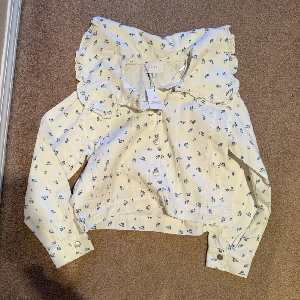 Mable Floral White with Ruffle Collar denim Jean jacket - Picture 3 of 5